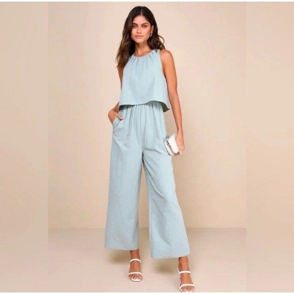 Lulus Breezy Sophistication Sage Green Textured Wide  Leg Jumpsuit NWT Size S - Picture 1 of 10